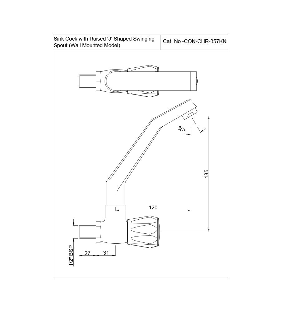 sink Cock with Raised ‘J’ Shaped Swinging Spout (Wall Mounted Model) | CON-357KN |
