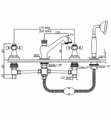 Wall MixerQQT-7277 4-Hole Bath Tub Mixer consisting of 2 No. Control Cocks, 1 Spout,1 Telephone Shower